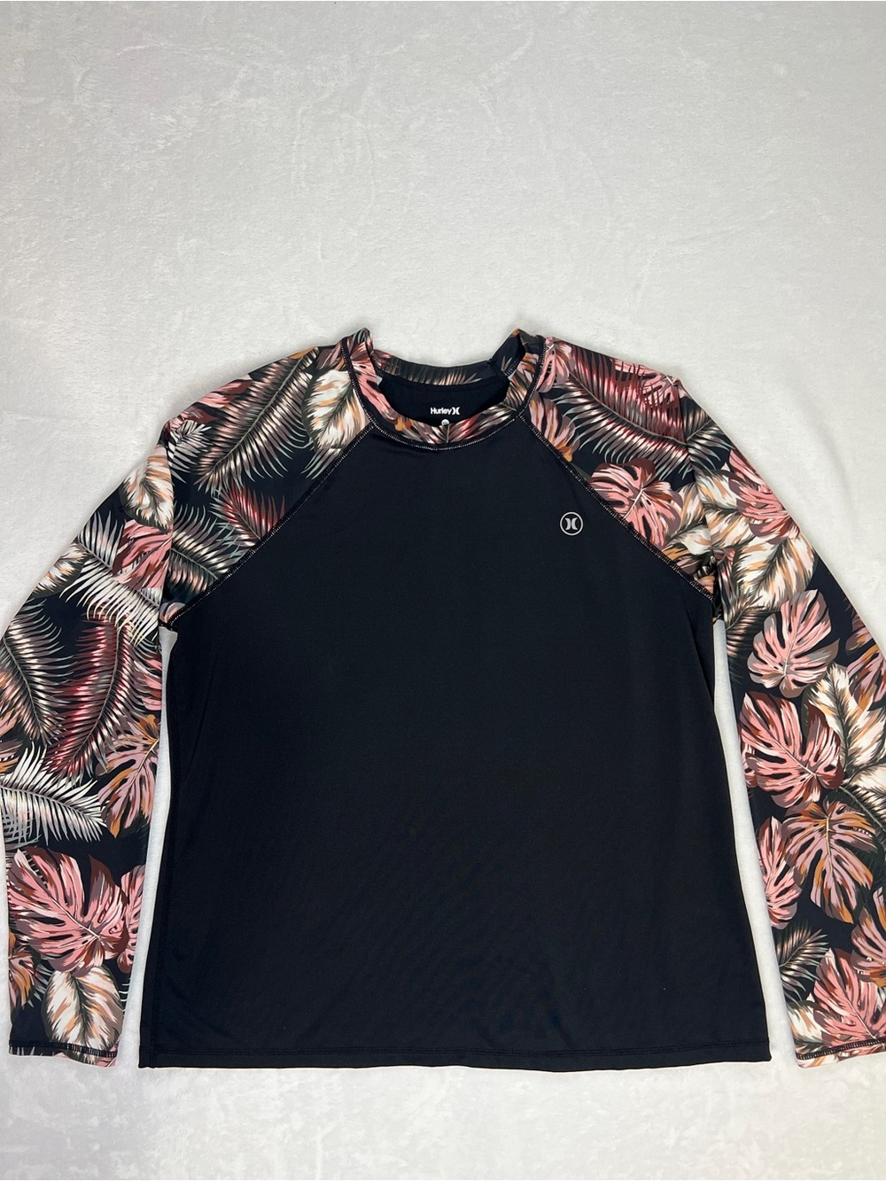 Hurley UPF 50+ Long Sleeve Rash Guard Shirt Black Floral Raglan XXL